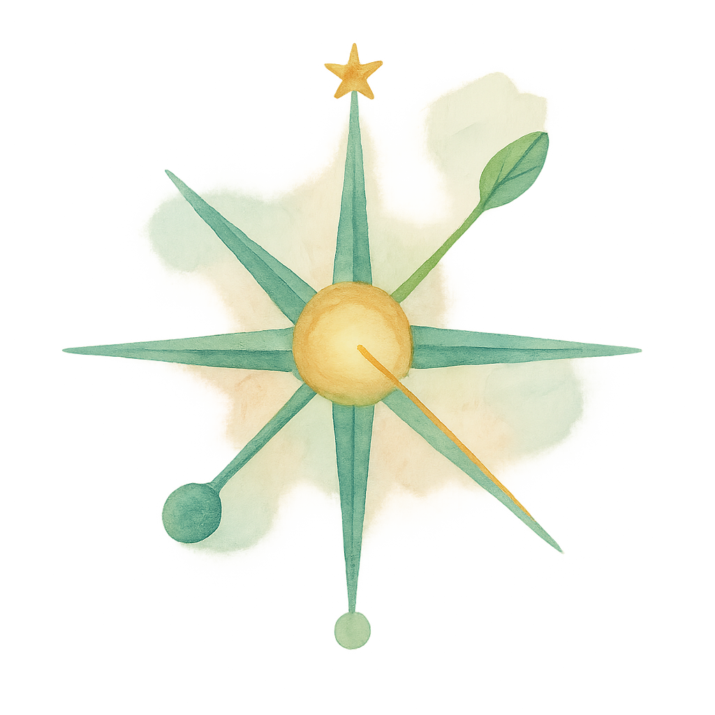 Abstrakte Illustration einer leuchtenden Kompassrose mit warmen Richtungslinien