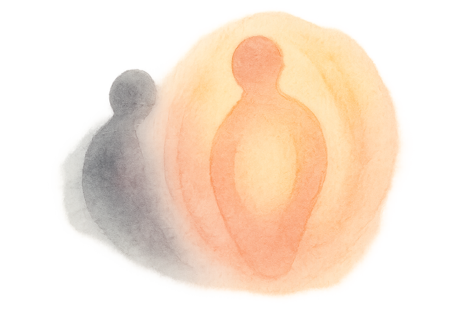 Illustration einer Figur, die von einem warmen Licht umgeben wird, während ein Schatten langsam verblasst