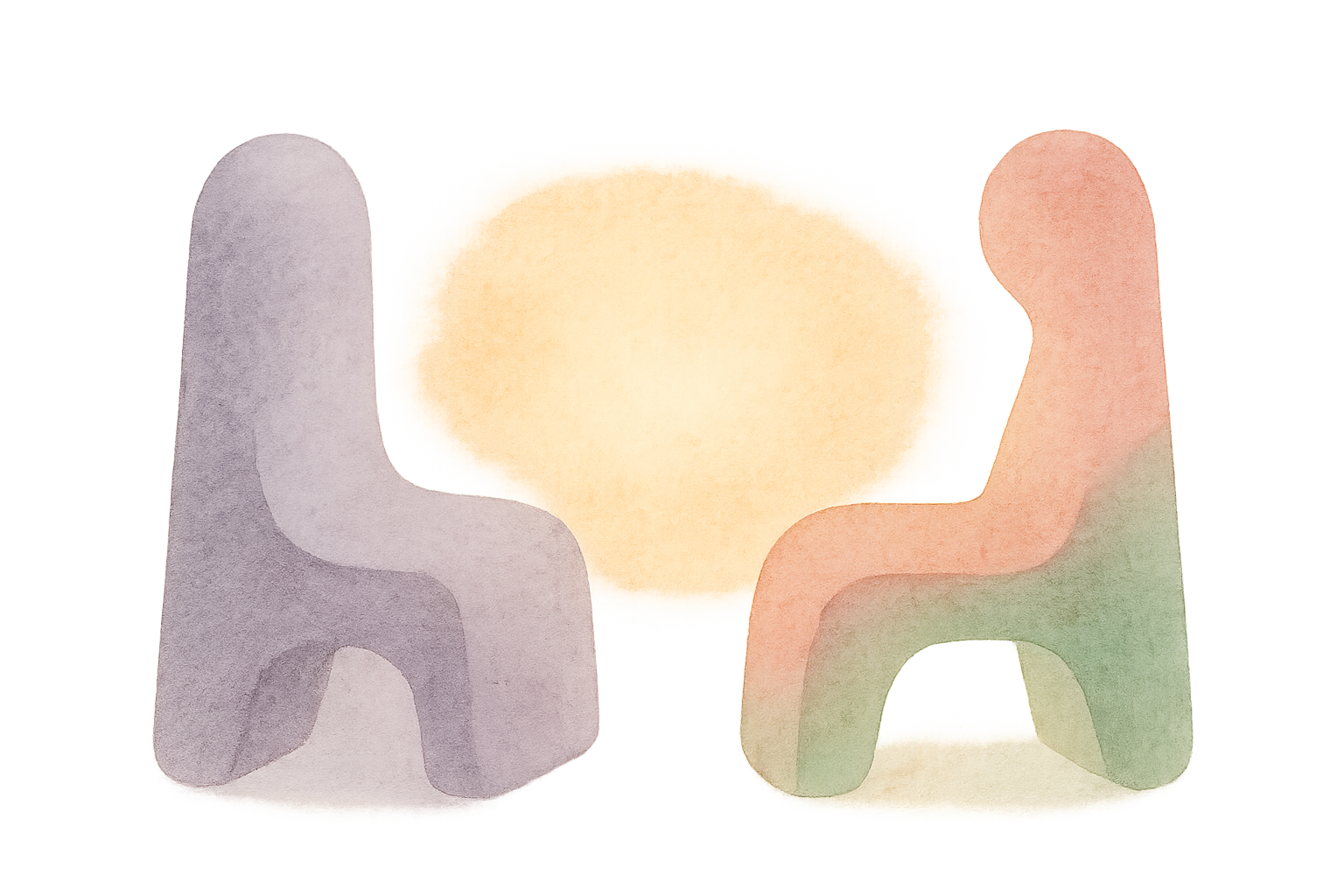 Illustration zweier Stühle, die sich gegenüberstehen – einer in dunklen, einer in warmen Farben