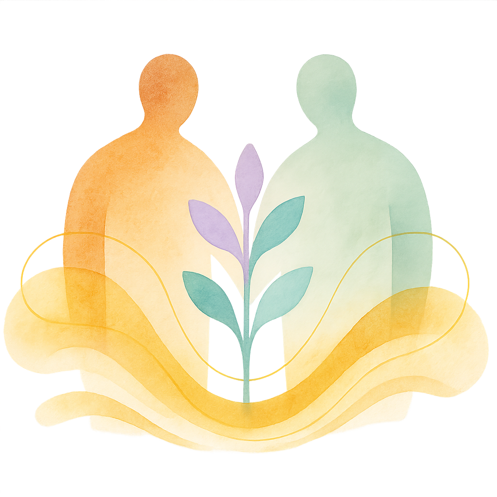 Illustration einer Therapeutin im Gespräch mit Eltern, im Hintergrund ein spielendes Kind