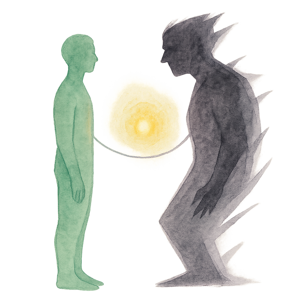 Abstrakte Illustration einer ruhigen Figur, die eine kritische Stimme beobachtet