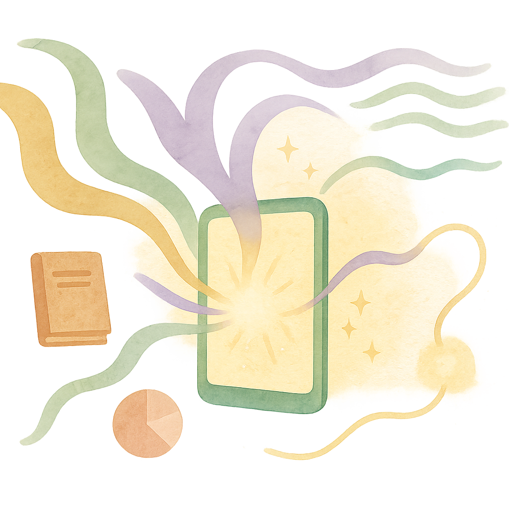 Illustration eines Tablets mit kindgerechter Therapie-App-Oberfläche und bunten Symbolen