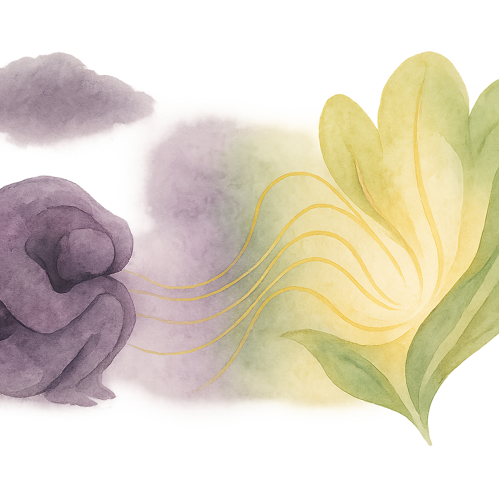 Abstrakte Illustration einer Person, die sich schützend umarmt, mit warmem Licht im Hintergrund