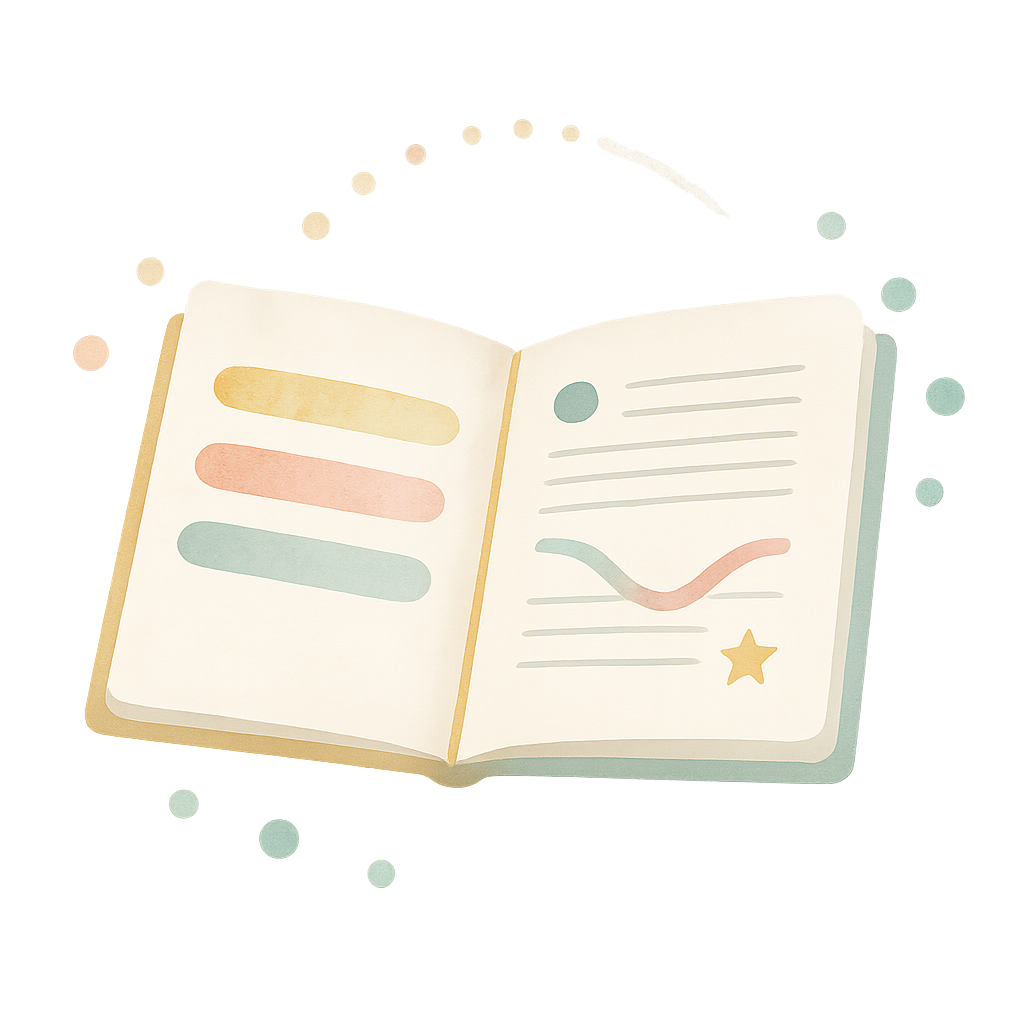 Abstrakte Illustration einer aufgeschlagenen Tagebuchseite mit farbigen Markierungen