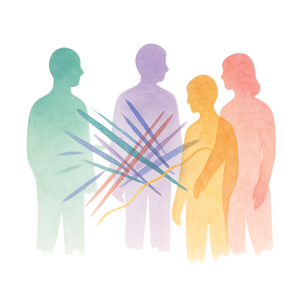 Abstrakte Illustration mehrerer Figuren, die in verschiedene Richtungen zeigen